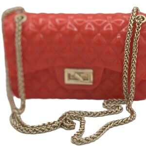 Le Miel Orange Quilted Jelly Crossbody Shoulder Bag with Gold Chain